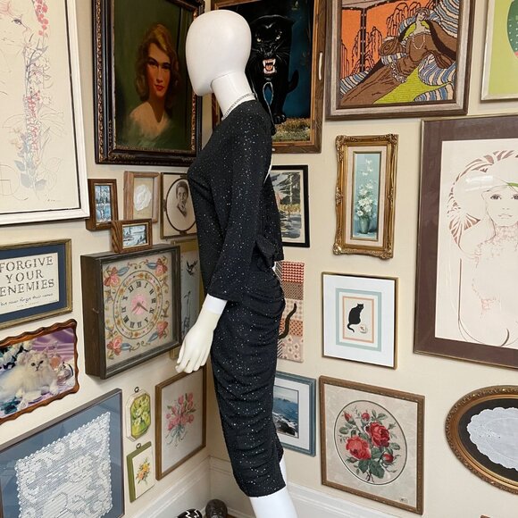 80s Vintage Milano Sexy Black Glitter Backless Cocktail Dress with Butt Ruching - Picture 7 of 10